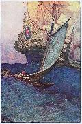 Howard Pyle An Attack on a Galleon: illustration of pirates approaching a ship oil on canvas